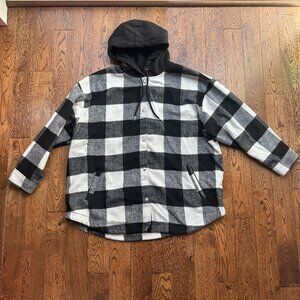 H&M Hooded Buffalo Plaid Shacket Jacket Women’s XL Black White Oversized